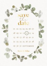 Stijlvolle save the date kalender eucalyptus en goudfolie