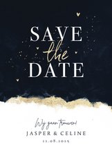 Stijlvolle save the date trouwkaart met inkt verf en goud