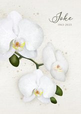 Stijlvolle staande rouwkaart met witte orchidee