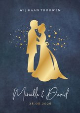 Stijlvolle trouwkaart met gouden bruidspaar silhouet 