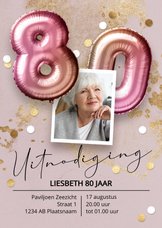 Stijlvolle uitnodiging 80 jaar vrouw ballonnen