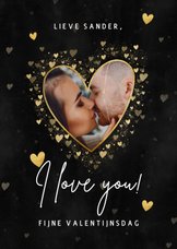 Stijlvolle Valentijnskaart gouden hartjes, foto 'I love you'