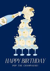 Stijlvolle verjaardagskaart met champagnetoren in blauw