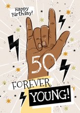 Toffe verjaardagskaart Forever Young! rock bliksem sterren