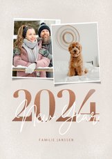 Trendy nieuwjaarskaart 2024 New year 2 foto's in aardetinten