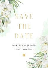 Trouwen Save the date orchideeën eucalyptus