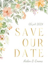 Trouwkaart bloemen in de hoek romantisch save the date