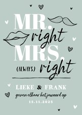Trouwkaart grappig mr and mrs right hartjes doodle