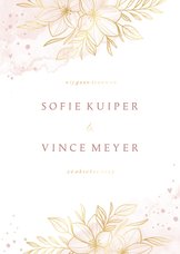 Trouwkaart romantisch gouden bloemen met roze waterverf