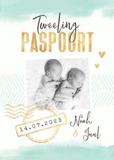 Tweeling paspoort geboortekaartje unisex waterverf goud