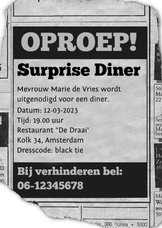 uitnodiging - advertentie Surprise Diner