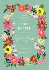Uitnodiging babyborrel lief konijn en bloemen