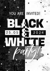 Uitnodiging Black & White party modern verf glitters