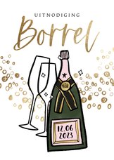 Uitnodiging ‘Borrel’ bubbels goudlook champagnefles glazen