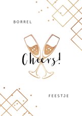 Uitnodiging borrel feestje champagne cheers goud confetti
