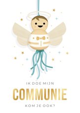 Uitnodiging communie jongen - met engeltje gelukspoppetje