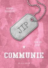 Uitnodiging communie roze stoer met legerplaatje