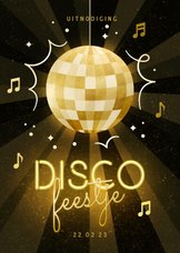 Uitnodiging discofeestje met discobal en neon tekst