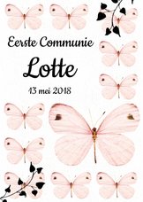 Uitnodiging Eerste Communie met lieve roze vlinders