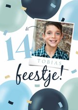 Uitnodiging feestje jongen confetti foto ballonnen