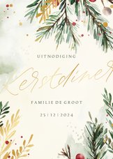 Uitnodiging kerstdiner waterverf kersttakjes met goud