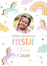 Uitnodiging kinderfeestje meisje eenhoorn en regenboog 