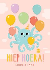 Uitnodiging kinderfeestje meisje met octopus met ballonnen