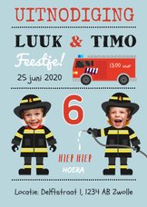Uitnodiging kinderfeestje tweeling brandweer
