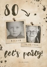 Uitnodiging 'let's party' vintage met leeftijd en foto's