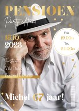 Uitnodiging magazine cover pensioenfeest goud party confetti