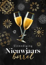 Uitnodiging nieuwjaarsborrel champagne vuurwerk goud