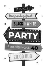 Uitnodiging party thema black and white wegwijzers sterren