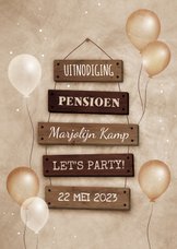 Uitnodiging pensioen met feestelijke ballonnen bordjes 