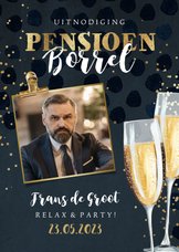 Uitnodiging pensioenfeest champagne glazen goud stijlvol