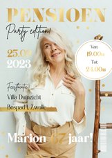 Uitnodiging pensioenfeest magazine cover goud party