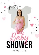 Uitnodiging roze babyshower rompertje foto hartjes
