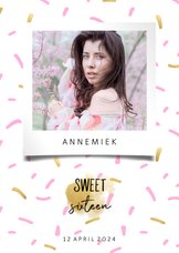 Uitnodiging sweet sixteen met fotokader en confetti