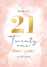 Uitnodiging verjaardag 21 diner waterverf roze goud confetti