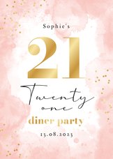 Uitnodiging verjaardag 21 diner waterverf roze goud confetti