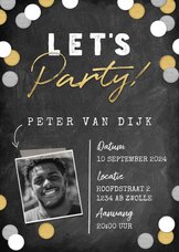 Uitnodiging verjaardag "Let's Party" krijtbord en confetti