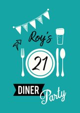 Uitnodiging voor 21 diner party met servies en glas bier