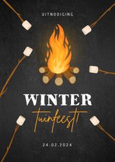 Uitnodiging winter tuinfeest vuurkorf marshmallow krijtbord