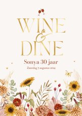 Uitnodigingskaarten wine & dine etentje borrel bloemen
