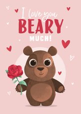 Valentijnskaart beer i love you hartjes roos