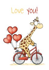 Valentijnskaart giraffe op de fiets met hartjesballon