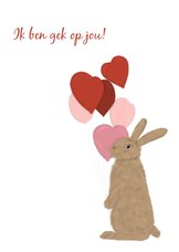 Valentijnskaart konijn met hartjes ballonnen