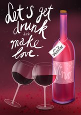 Valentijnskaart met ondeugende tekst, wijn en glazen