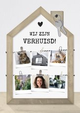 Verhuiskaart fotolijst houten huisje met fotocollage