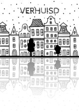 Verhuiskaart met Amsterdamse huisjes en reflectie