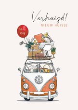 Verhuiskaart VW busje oranje met rode ballon